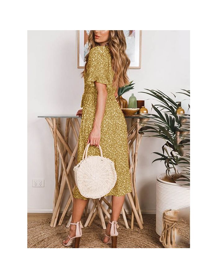 Summer Dress Women V-Neck Bowknot Ruffled Short Sleeve Floral Printed Bohemian Long Dresses